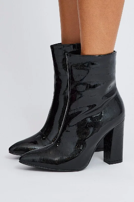 Black Ankle Boots in Faux Croc