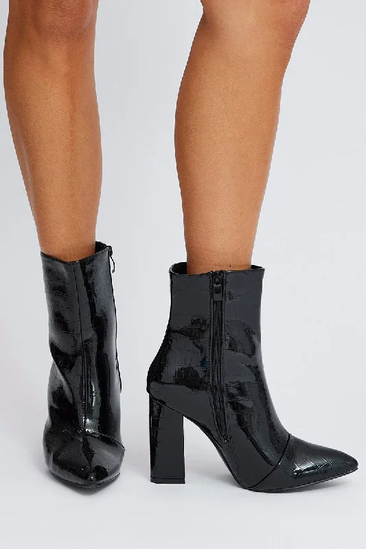 Black Ankle Boots in Faux Croc