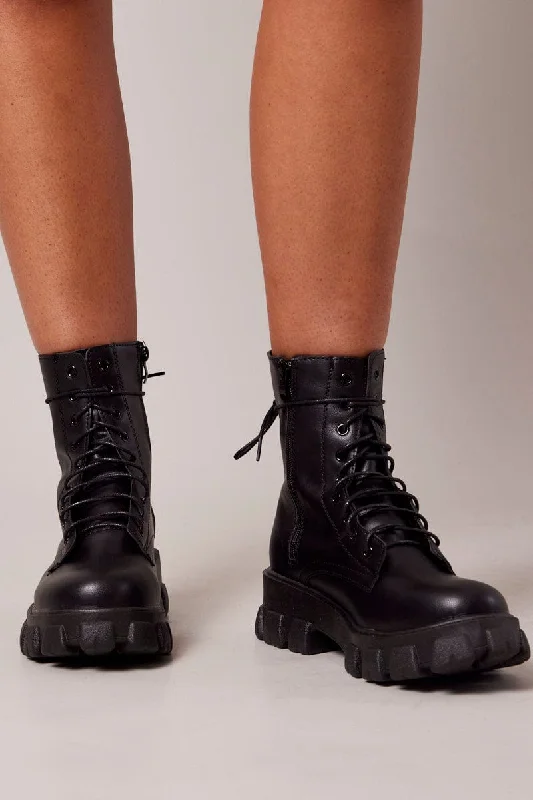 Black Chunky Lace Up Ankle Boots