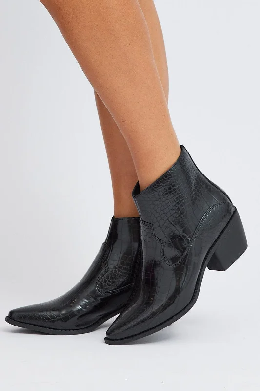 Black Croc Print Western Ankle Boots