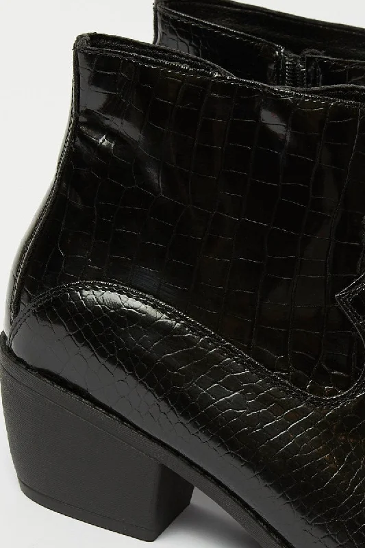 Black Croc Print Western Ankle Boots