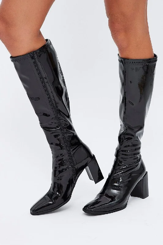 Black Knee High Boots in Patent