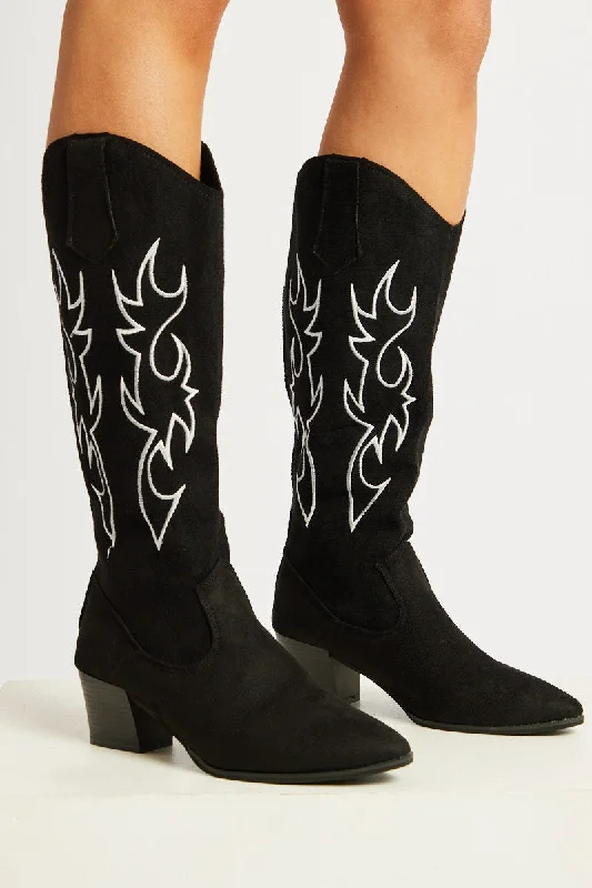 Black Suede Embroidered Western Boots