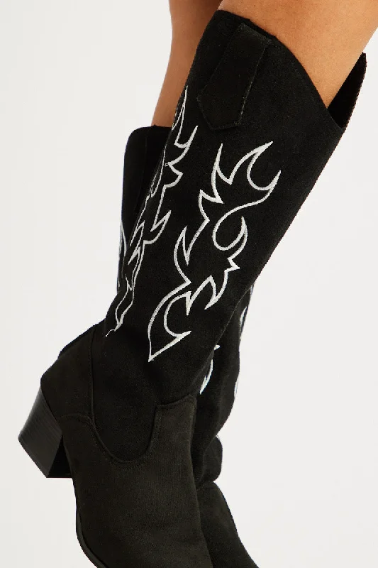 Black Suede Embroidered Western Boots