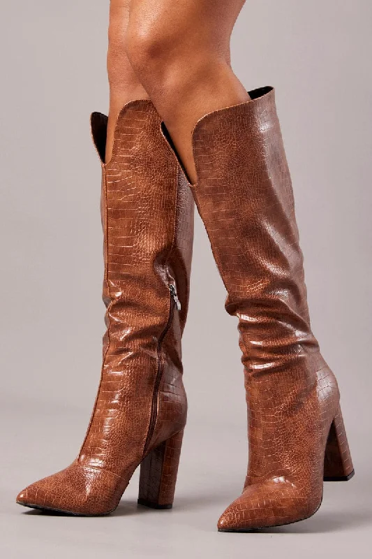 Brown Heeled Knee High Boots in Croc