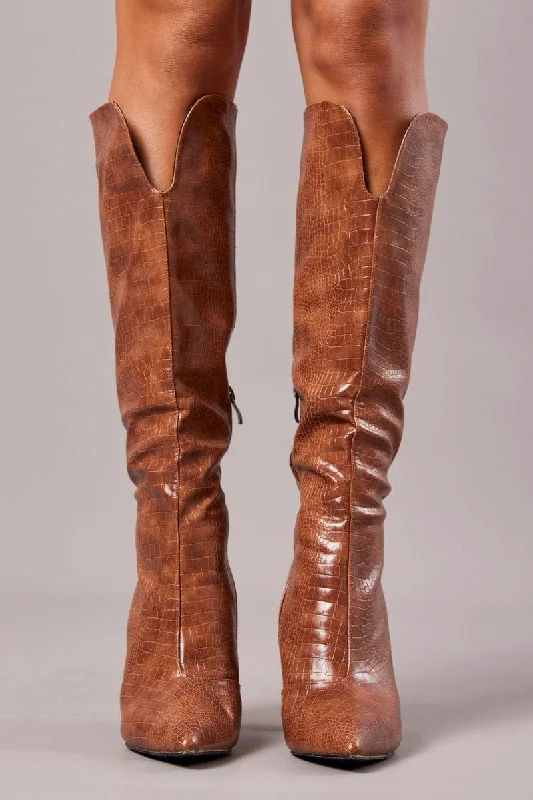 Brown Heeled Knee High Boots in Croc