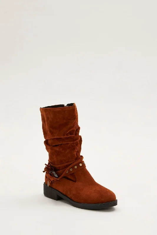 Brown Suedette Buckle Slouch Boots