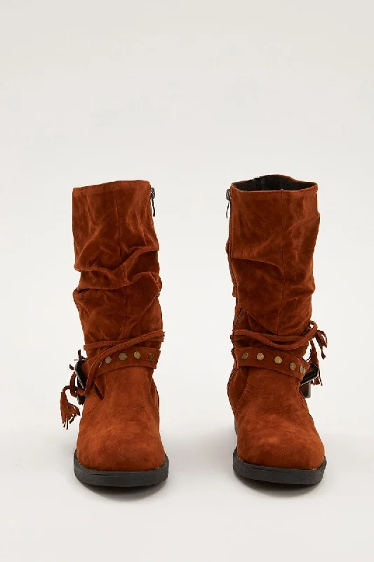 Brown Suedette Buckle Slouch Boots