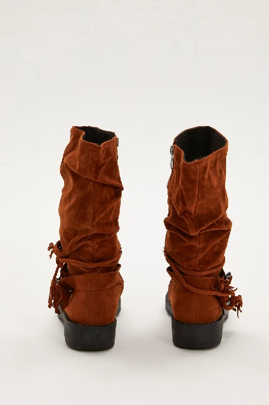 Brown Suedette Buckle Slouch Boots