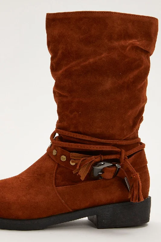 Brown Suedette Buckle Slouch Boots