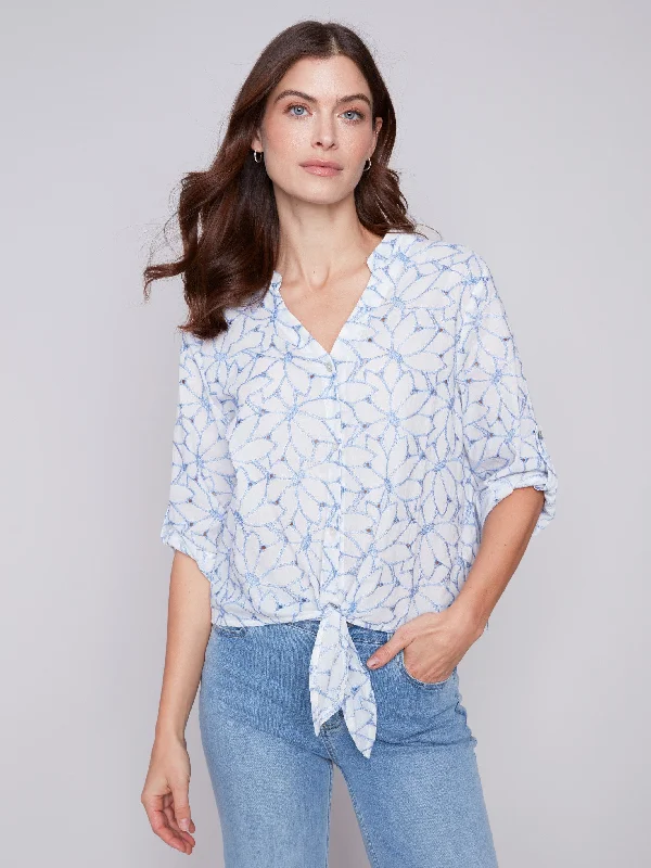 Embroidered Front Tie Cotton Blouse - Sky