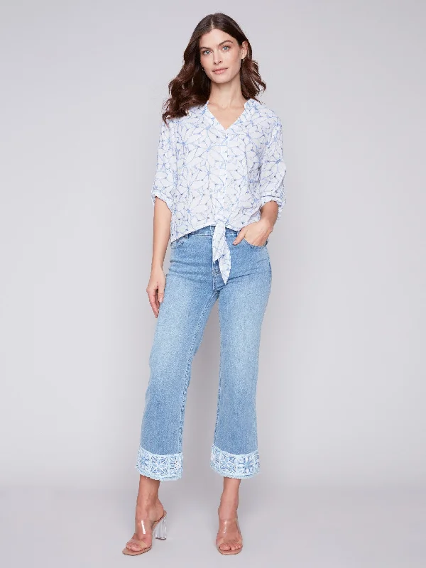 Embroidered Front Tie Cotton Blouse - Sky