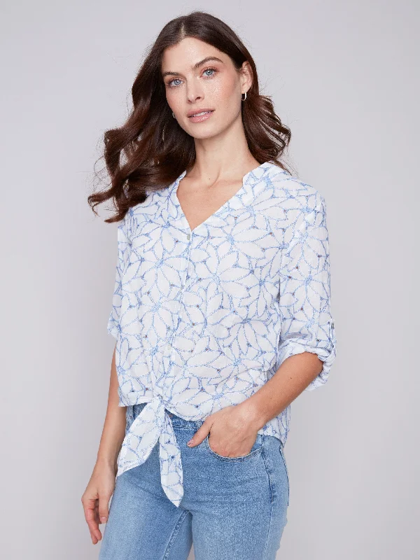 Embroidered Front Tie Cotton Blouse - Sky