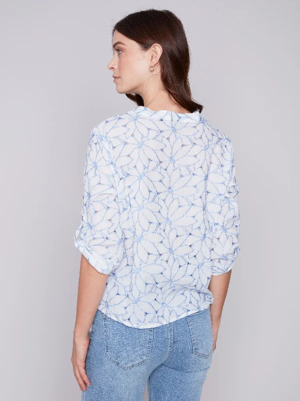 Embroidered Front Tie Cotton Blouse - Sky