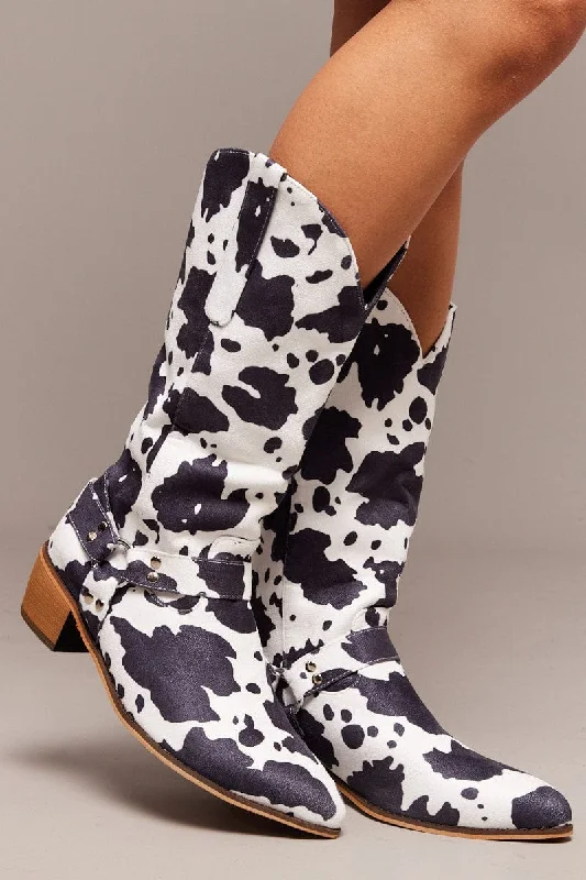 Multi Cow Print Cowboy Boots