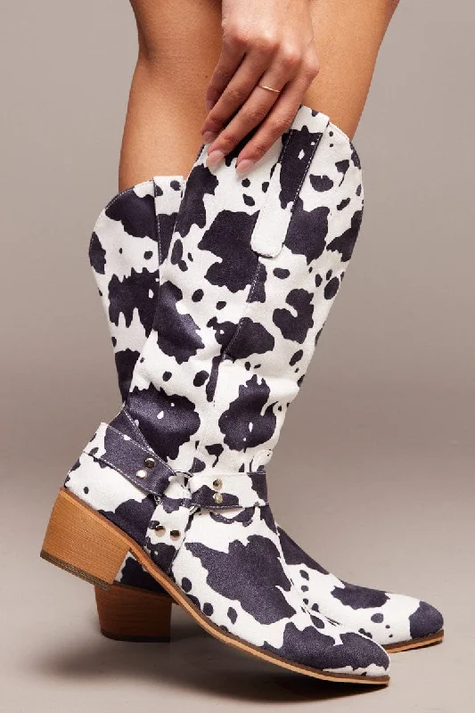 Multi Cow Print Cowboy Boots