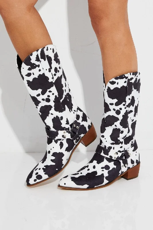 Multi Cow Print Cowboy Boots