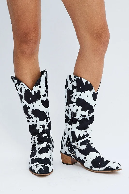 Multi Cow Print Cowboy Boots