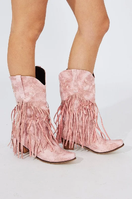 Pink Fringe Western Boots