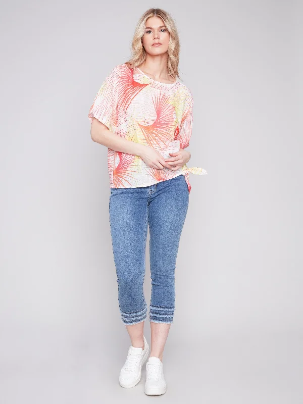 Printed Cotton Gauze Blouse with Side Tie - Punch