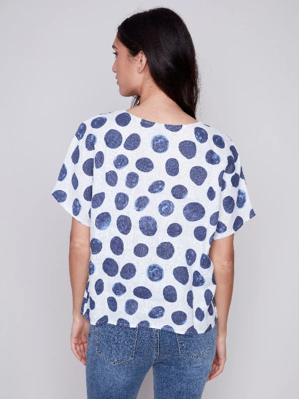 Printed Linen Dolman Top - Dots