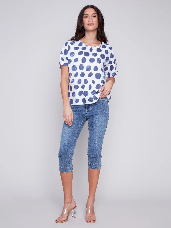 Printed Linen Dolman Top - Dots