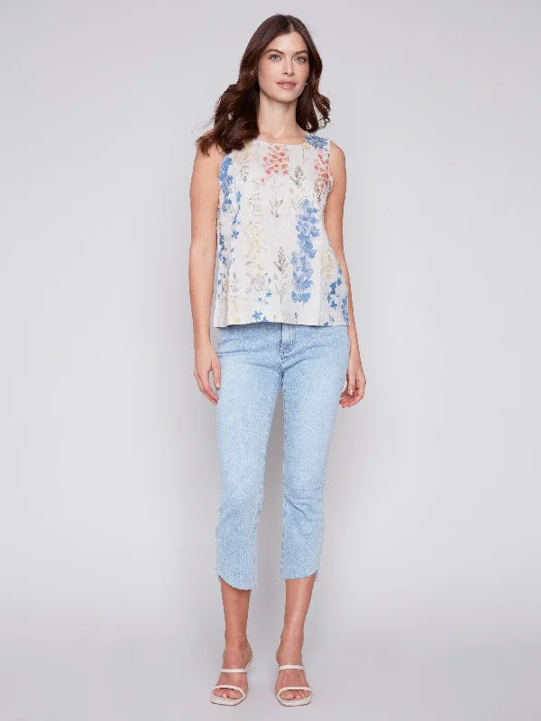 Printed Sleeveless Linen Top with Button Detail - Garden