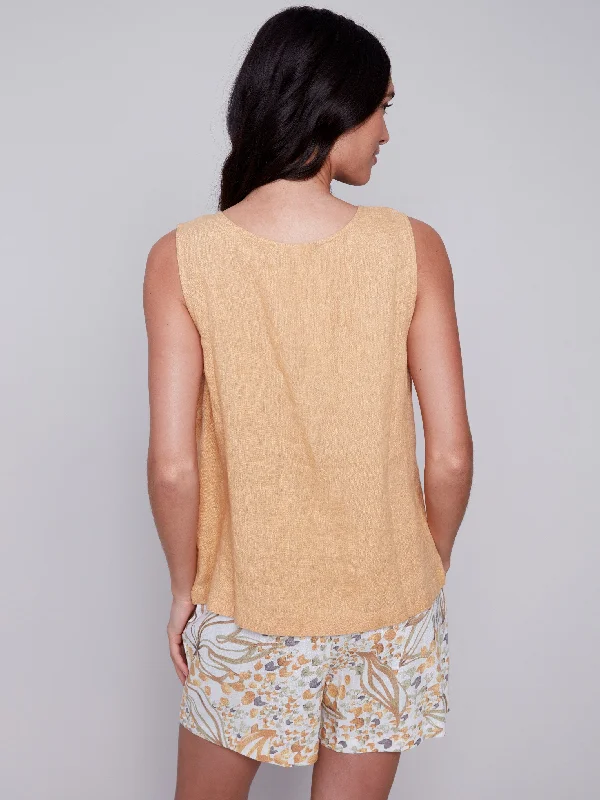 Sleeveless Linen Top with Button Detail - Corn