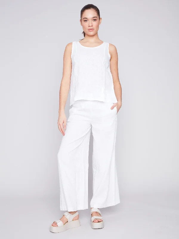 Sleeveless Linen Top with Slit - White