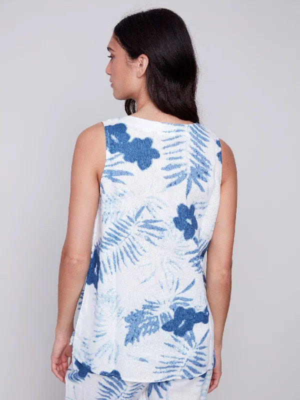 Sleeveless Printed Linen Top - Blue