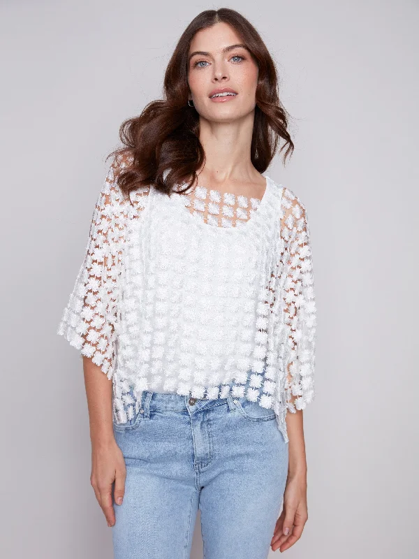 Textured Crochet Flower Top - White