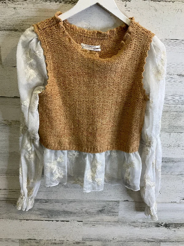 Top Long Sleeve By Anthropologie In Tan & White, Size: Xxs