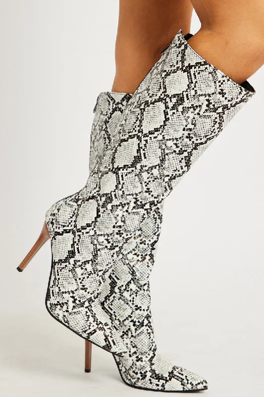 White Animal Print Heeled Knee Boots with Snake Print