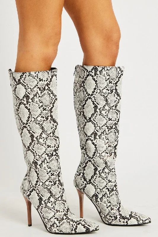 White Animal Print Heeled Knee Boots with Snake Print