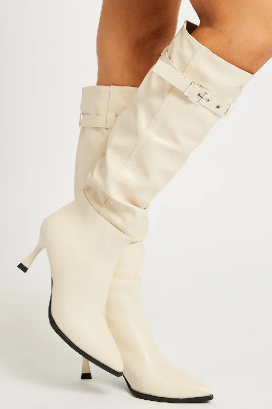 White Buckle Detail Ruched Boots