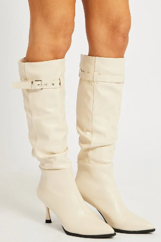 White Buckle Detail Ruched Boots