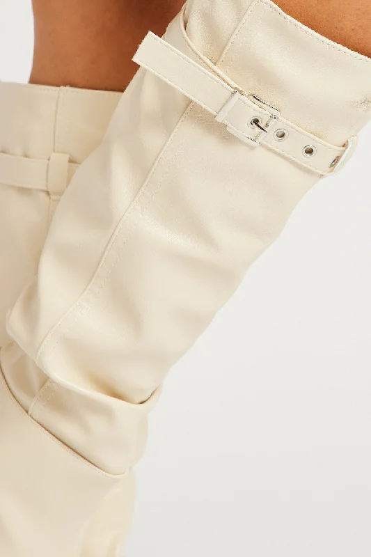 White Buckle Detail Ruched Boots