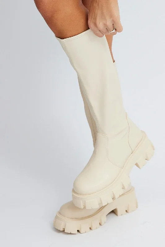 White Chunky Knee High Boots