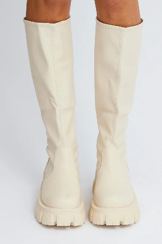 White Chunky Knee High Boots