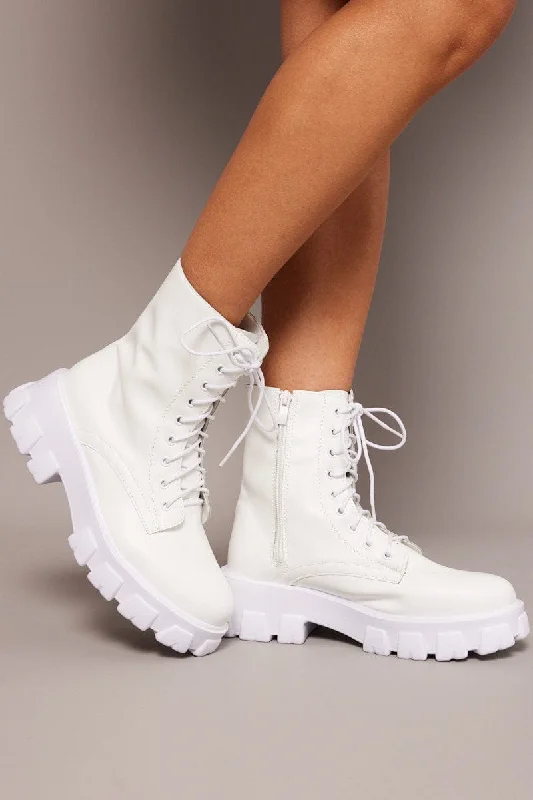 White Chunky Lace Up Ankle Boots