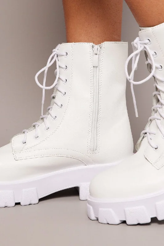 White Chunky Lace Up Ankle Boots