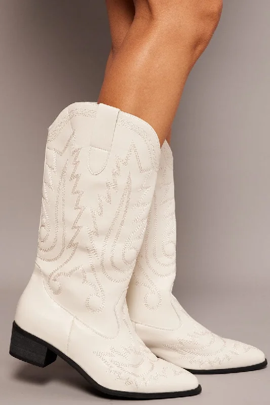 White Embroidered Cowboy Boots