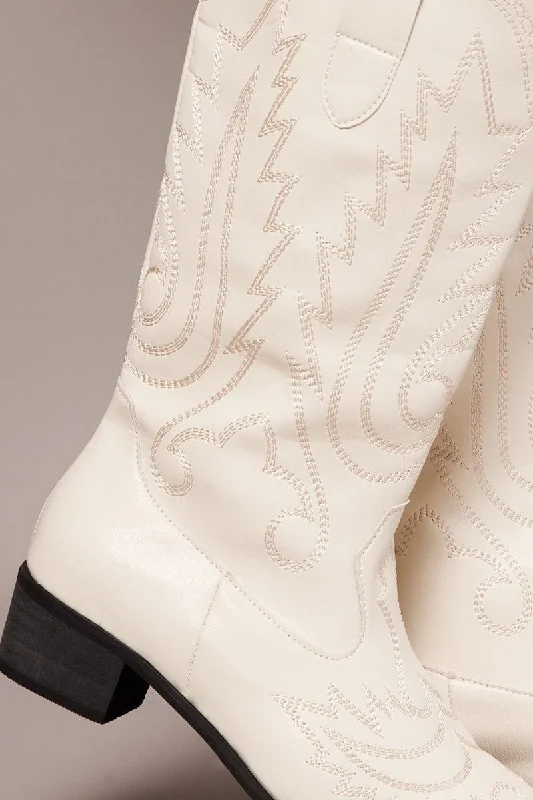 White Embroidered Cowboy Boots