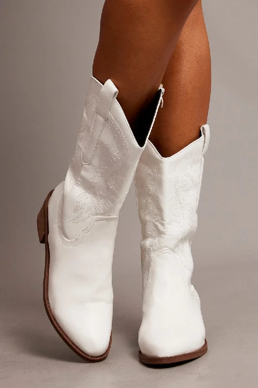 White Embroidered Cowboy Boots