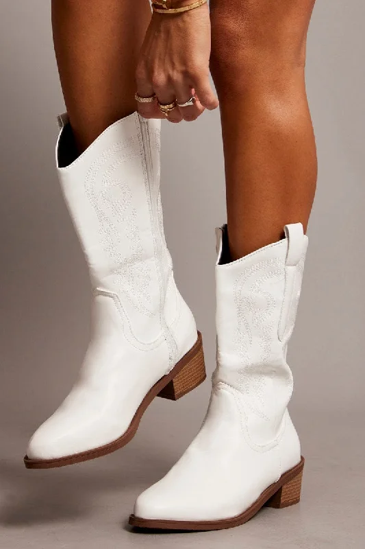 White Embroidered Cowboy Boots