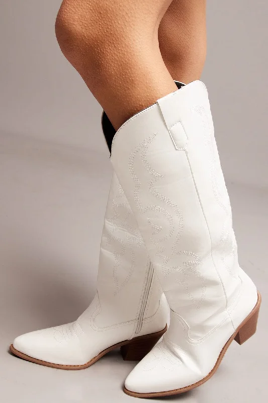 White Embroidered Western Boots