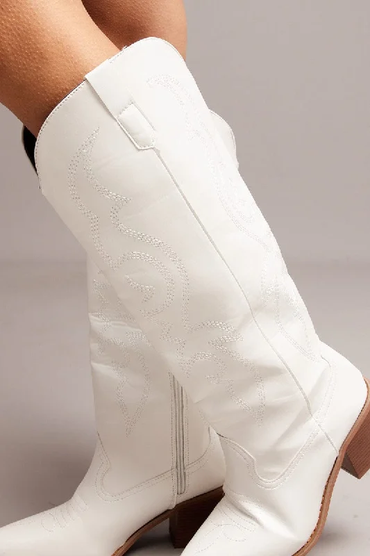 White Embroidered Western Boots