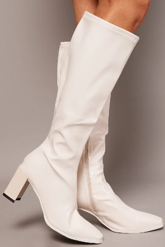 White Knee High Boots in Patent