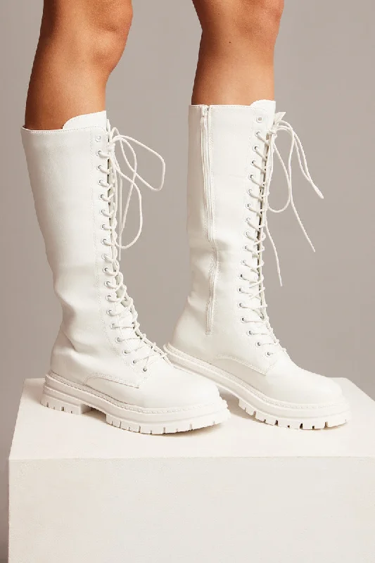 White Knee High Chunky Lace Up Boots