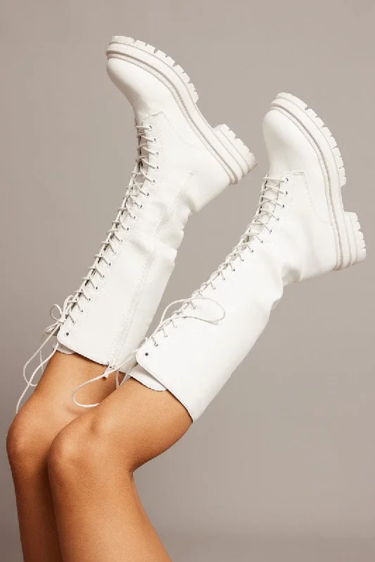 White Knee High Chunky Lace Up Boots